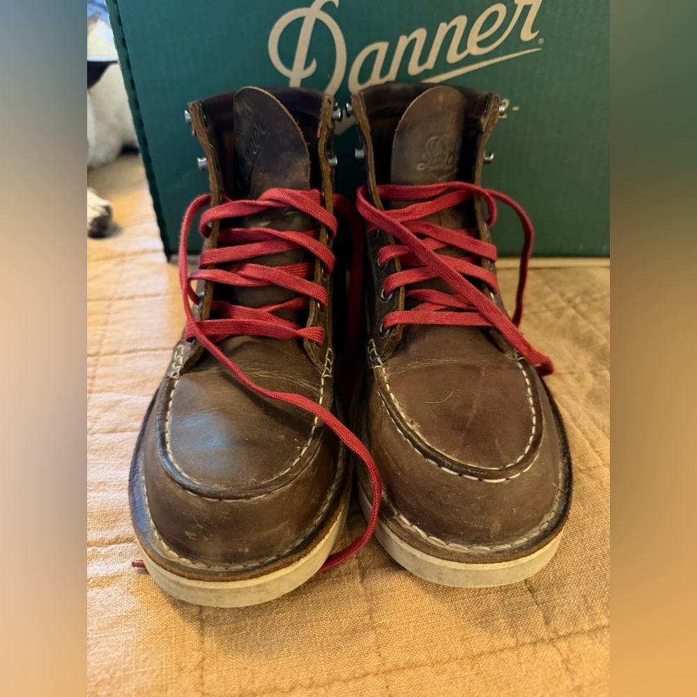 Danner women's Brown Leather Moc Toe Boots with Red Laces - Picture 3 of 4